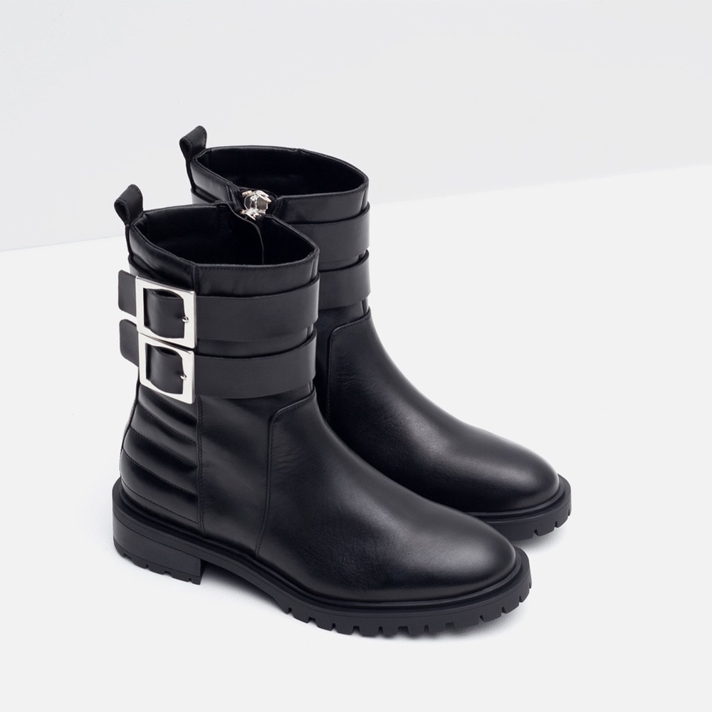Zara Flat Leather Biker Boots - image 1